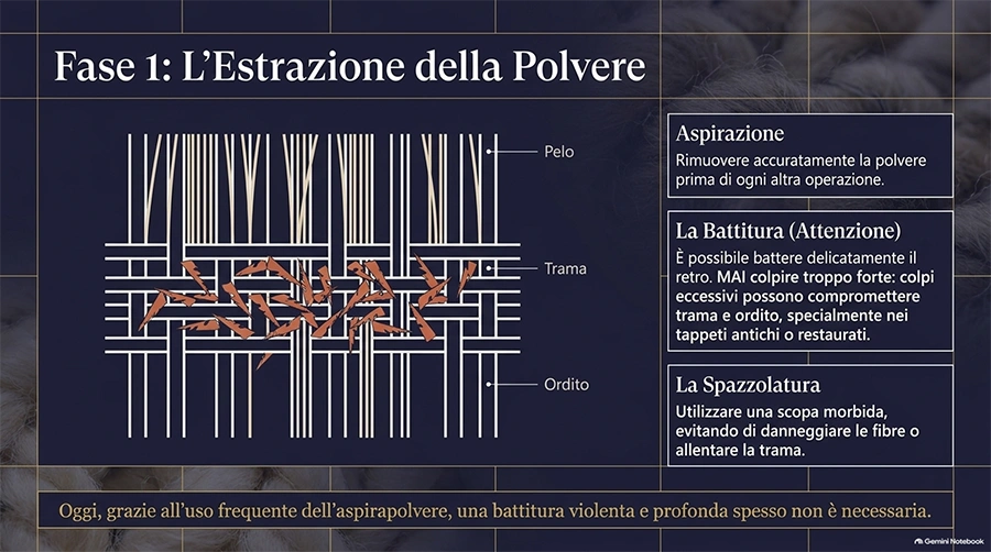 Prima di lavare il tappeto in casa, rimuovete accuratamente la polvere