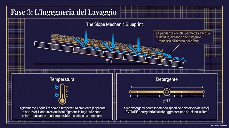Lavate il tappeto con acqua fredda e un detergente adatto