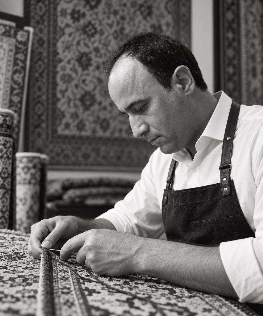 Ali Eskandarzadeh al lavoro su un tappeto persiano nel laboratorio di Art Tappeti a Milano