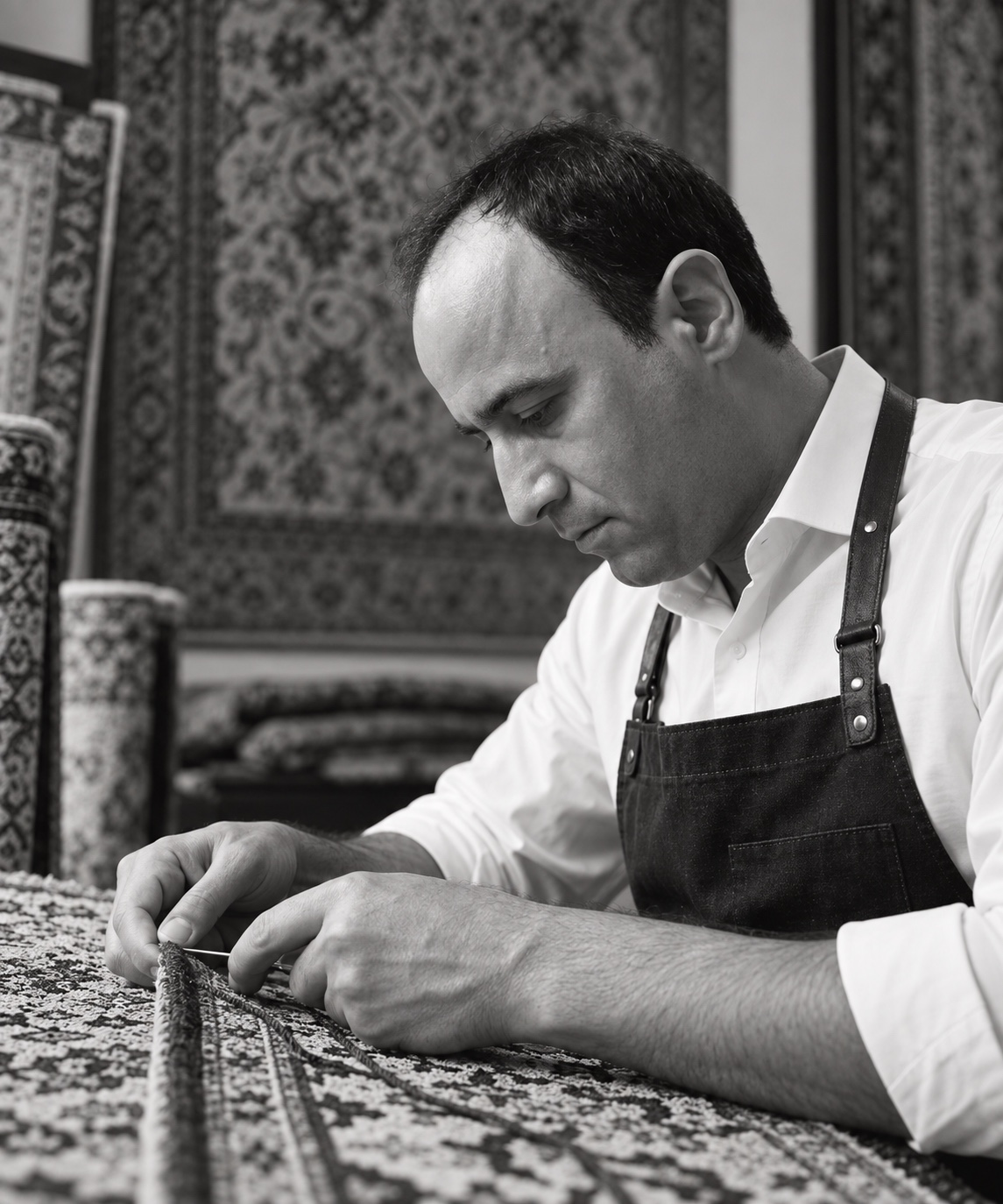 Ali Eskandarzadeh al lavoro su un tappeto persiano nel laboratorio di Art Tappeti a Milano