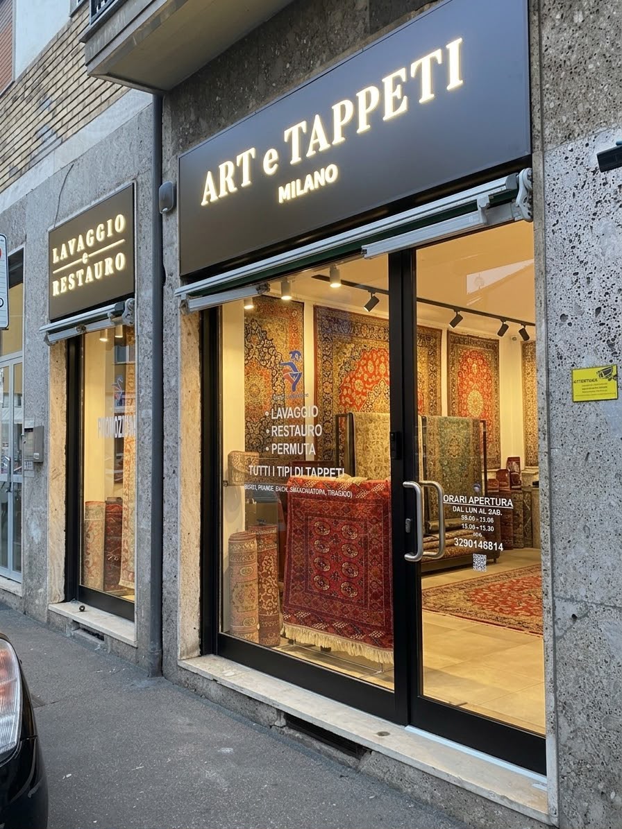 La vetrina del negozio Art Tappeti a Milano, con insegna illuminata e tappeti persiani esposti