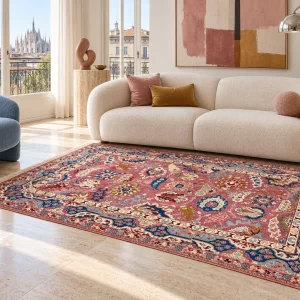 Tappeto Agra in lana 205 × 137 cm in un soggiorno contemporaneo — ambientazione virtuale