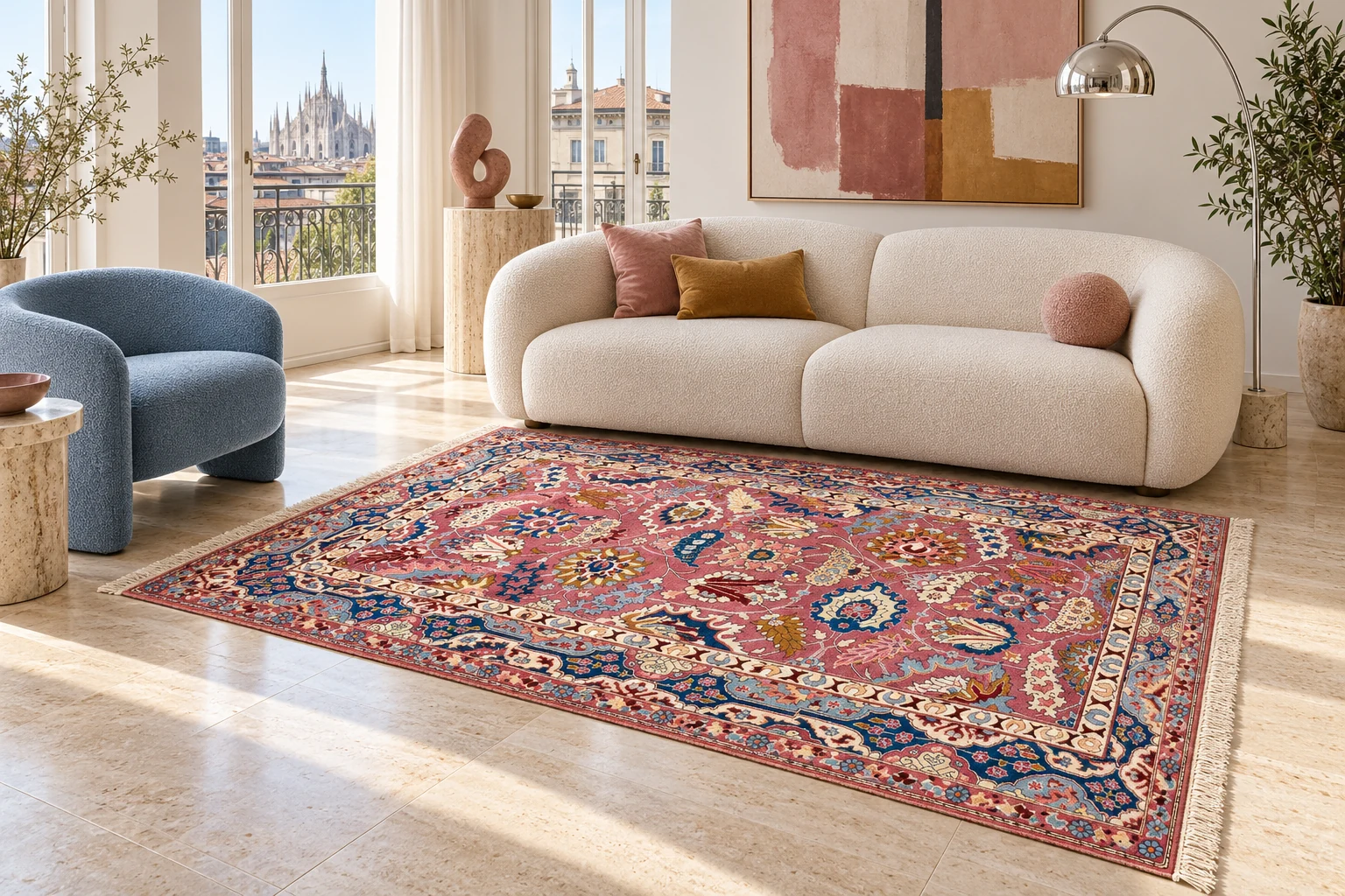 Tappeto Agra in lana 205 × 137 cm in un soggiorno contemporaneo — ambientazione virtuale