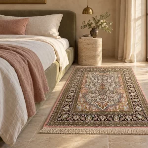 Tappeto Agra in seta 158 × 93 cm accanto al letto — ambientazione virtuale