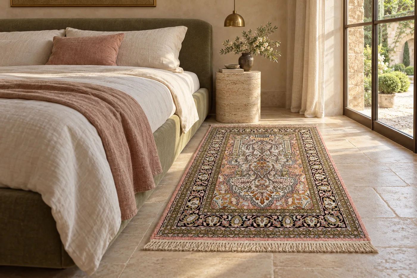 Tappeto Agra in seta 158 × 93 cm accanto al letto — ambientazione virtuale