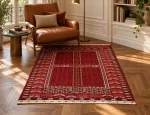 Tappeto Baluchi rosso 156 × 120 cm in un angolo lettura milanese — ambientazione virtuale