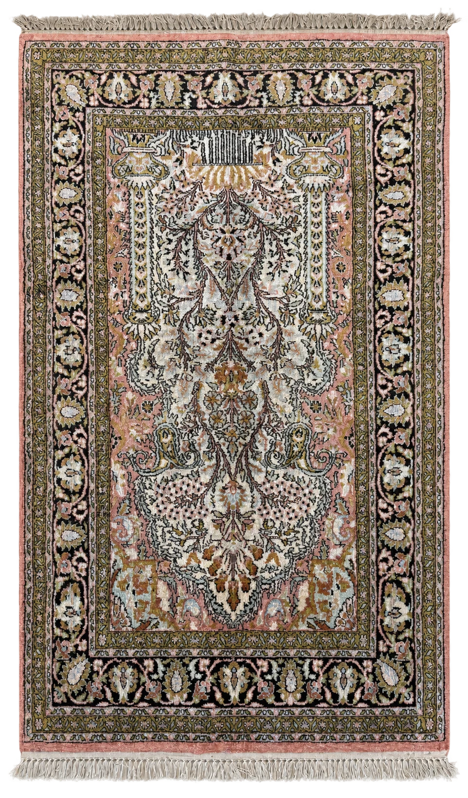 Tappeto Agra indiano in seta su cotone, 158 × 93 cm, vista frontale