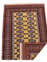 Tappeto Turkmen persiano in lana su cotone, 147 × 95 cm, fronte con dettaglio del retro