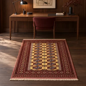 Tappeto Turkmen dorato 147 × 95 cm in uno studio con arredi in noce — ambientazione virtuale