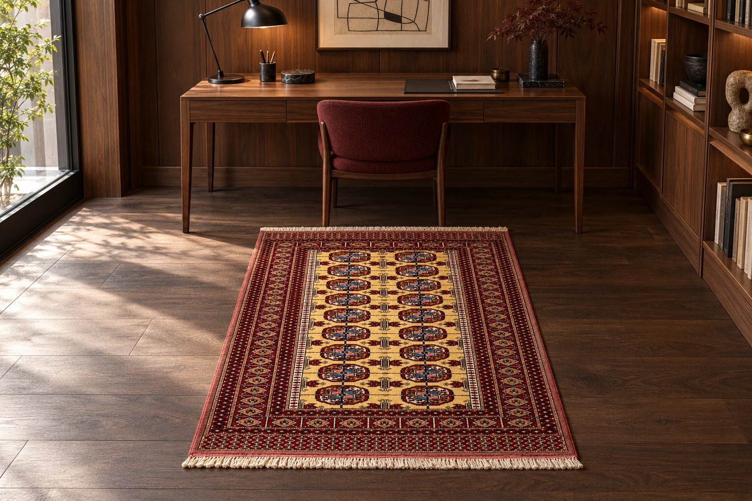 Tappeto Turkmen dorato 147 × 95 cm in uno studio con arredi in noce — ambientazione virtuale